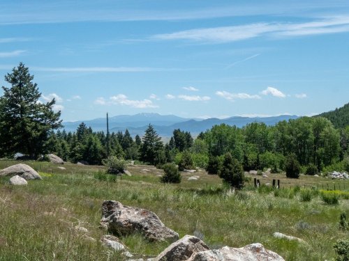 A scenic landscape featuring green trees, rocky terrain, and distant mountains under a clear blue sky.