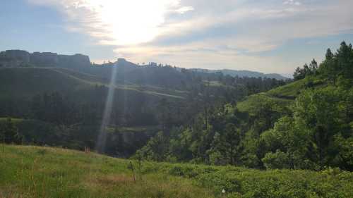 A scenic landscape featuring rolling green hills, trees, and a bright sky with the sun shining through clouds.