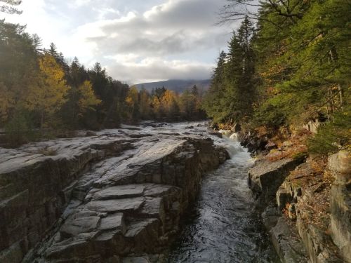 A serene river flows through rocky terrain, surrounded by autumn trees and a cloudy sky in the background.