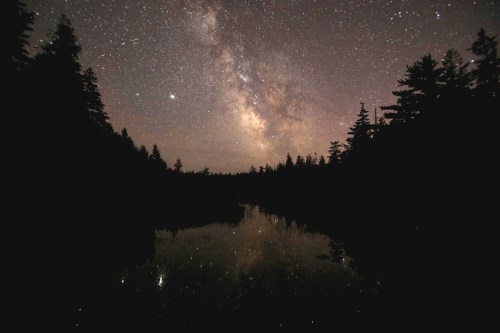 A starry night sky with the Milky Way reflected in a calm river, surrounded by dark silhouettes of trees.