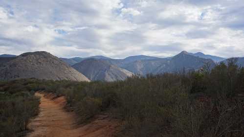 A winding dirt path leads through shrubs, with mountains and a cloudy sky in the background.