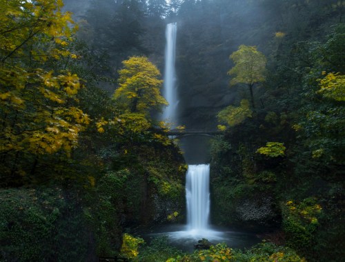 A serene waterfall cascades through lush greenery and autumn trees, shrouded in mist.
