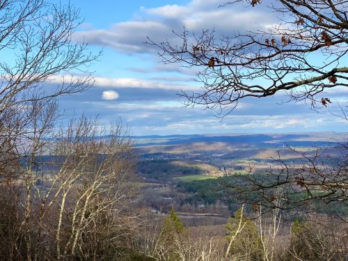 A scenic view of rolling hills and valleys under a partly cloudy sky, framed by bare tree branches.