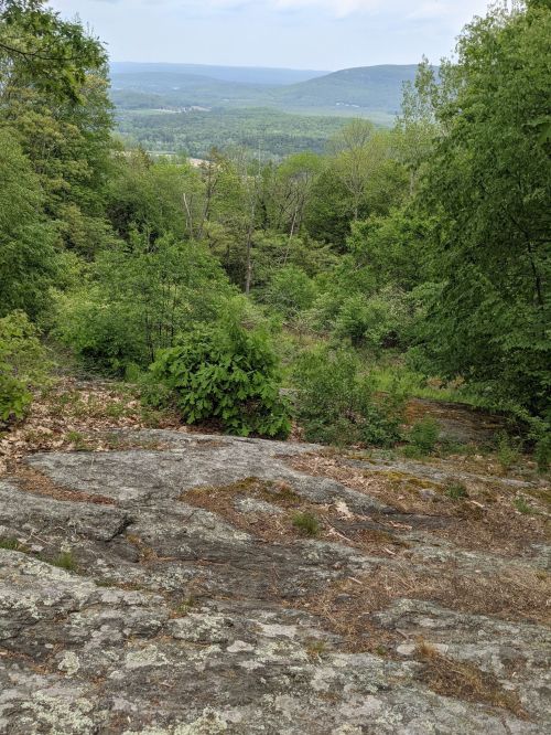 A rocky slope leads down to a lush green valley with distant hills under a cloudy sky.