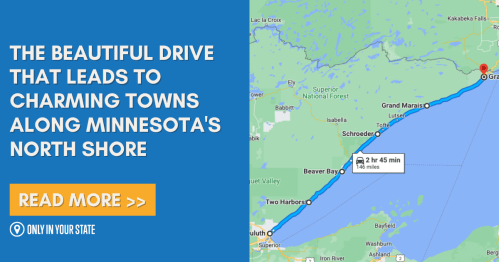 Map highlighting a scenic drive along Minnesota's North Shore, showcasing charming towns and travel details.