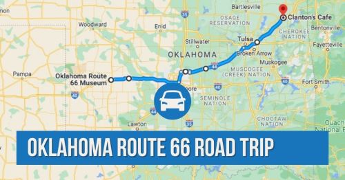 Map highlighting a road trip along Oklahoma Route 66, featuring Clanton's Café and the Route 66 Museum.