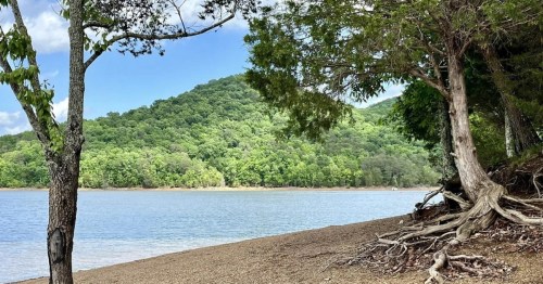 A serene lakeside view with trees, a sandy shore, and a lush green hillside under a partly cloudy sky.