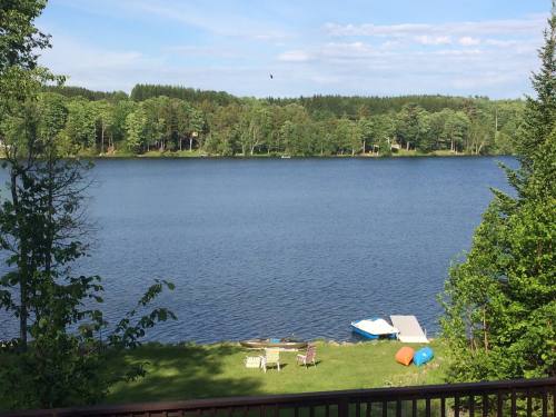 A serene lake surrounded by trees, with a grassy shore and a few boats on the water under a clear blue sky.