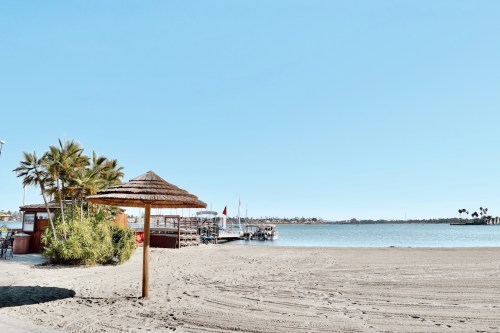 A sandy beach with a thatched umbrella, palm trees, and a calm water view featuring boats in the distance.
