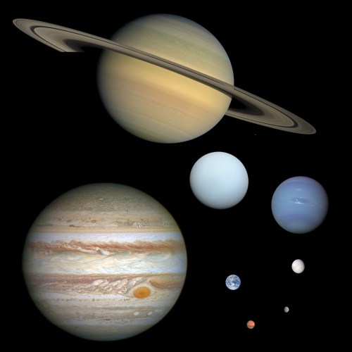 A collage of planets in our solar system, featuring Saturn, Jupiter, Earth, Uranus, and Neptune against a black background.