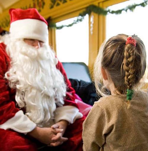 A young girl with braided hair sits facing Santa Claus, who is dressed in a red suit and white beard.