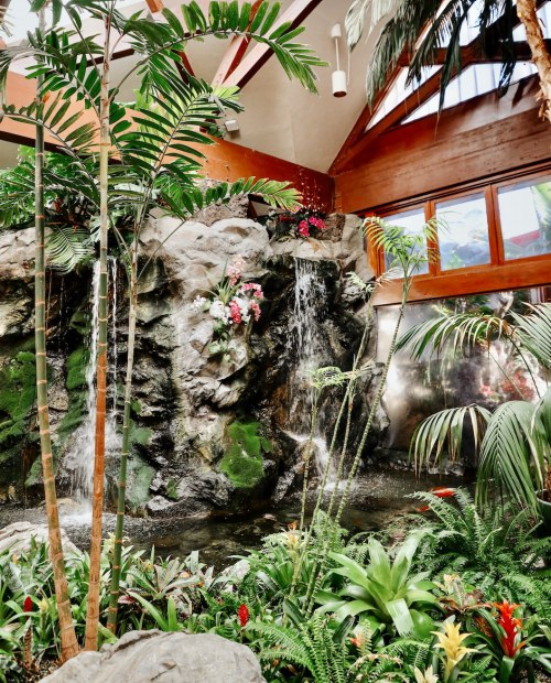 Indoor waterfall surrounded by lush greenery and tropical plants, with natural light streaming through large windows.