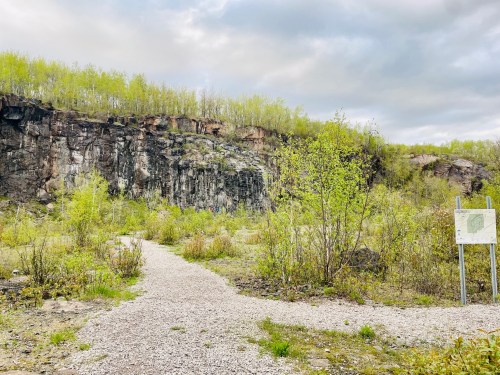 A gravel path leads through lush greenery towards a rocky cliff under a cloudy sky.