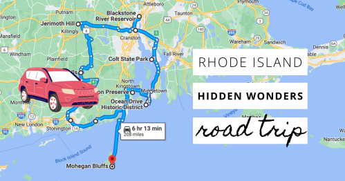 Map of a road trip in Rhode Island, highlighting hidden wonders with a route to Mohegan Bluffs. Car icon included.