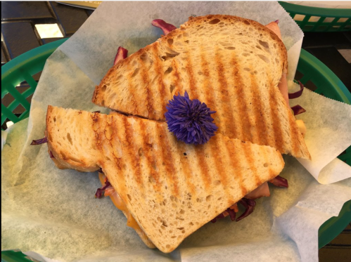 A grilled sandwich with a purple flower on top, served in a green basket with shredded cabbage underneath.