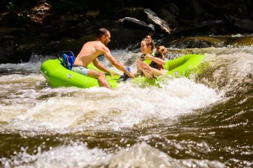A man and woman float on green rafts in a river, splashing water around them, with a small dog on the woman's raft.