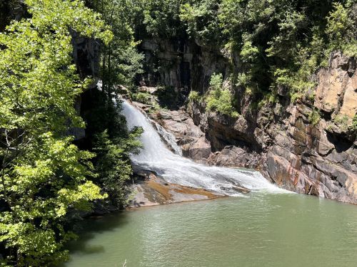 A serene waterfall cascades into a green pool, surrounded by rocky cliffs and lush greenery.