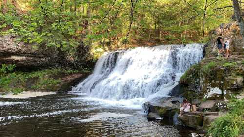 A serene waterfall cascades into a pool, surrounded by lush greenery and people enjoying the natural beauty.