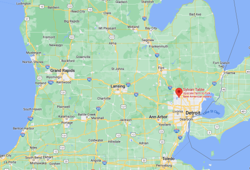 Map of Michigan highlighting the location of Sivan Table, a farm-to-fork New American eatery near Detroit.