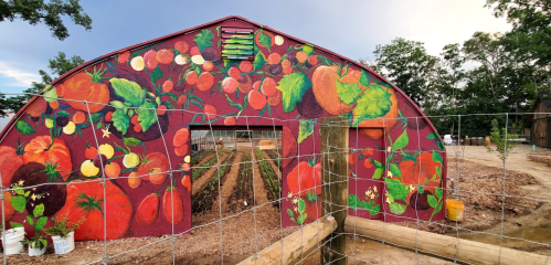A colorful mural of fruits and vegetables on a greenhouse, with rows of plants visible inside.