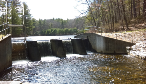 A serene river scene featuring a small dam with water cascading over it, surrounded by trees and a clear sky.