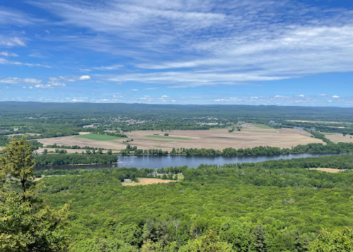A panoramic view of lush green fields and a winding river under a blue sky with scattered clouds.