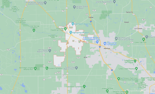 Map showing the area around High Springs, Florida, with roads, parks, and nearby towns marked.