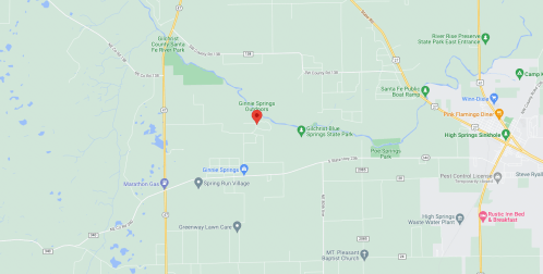 Map showing the location of Green Springs, near Spring Lake Park, in a rural area with nearby roads and landmarks.