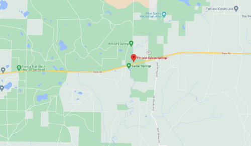 Map showing the locations of Pitt and Sylvan Springs, near Gainesville Springs, with surrounding green areas.