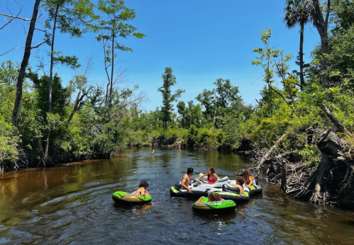 A group of people tubing on a calm river surrounded by lush greenery and clear blue skies.