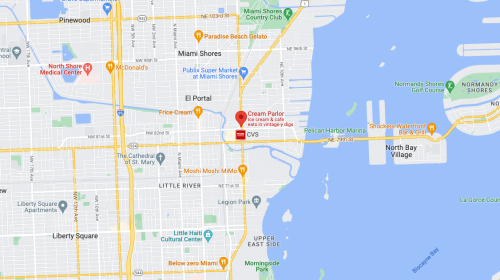 Map showing the location of Cream Parlor ice cream shop near CVS in Miami, with nearby landmarks and streets labeled.