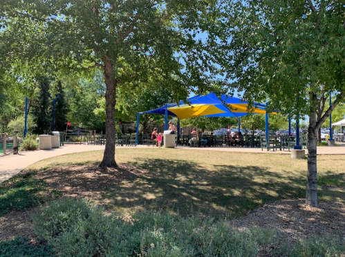 A shaded picnic area with colorful canopies, surrounded by trees and grass, on a sunny day.