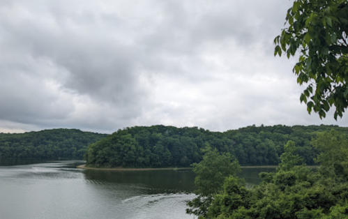 A serene lake surrounded by lush green hills under a cloudy sky.