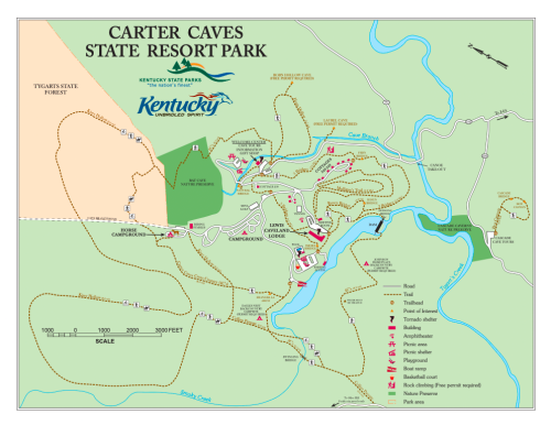 Map of Carter Caves State Resort Park in Kentucky, showing trails, facilities, and natural features.