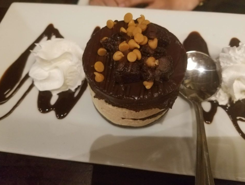 A layered dessert with chocolate, whipped cream, and chocolate chips, served on a white plate with a spoon.