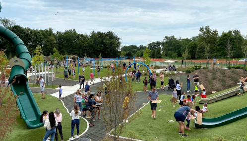 A busy park scene with families and children playing on slides and enjoying outdoor activities on a cloudy day.