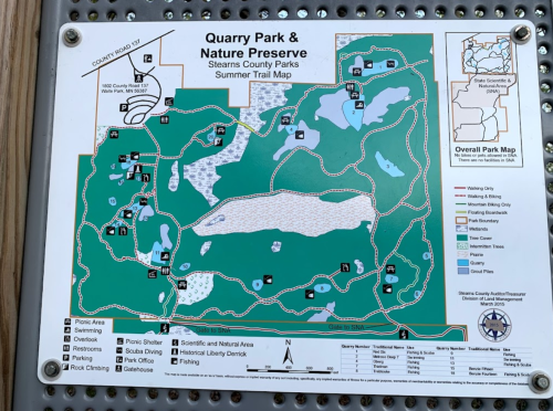 Map of Quarry Park & Nature Preserve, showing trails, facilities, and natural features in Stearns County Parks.