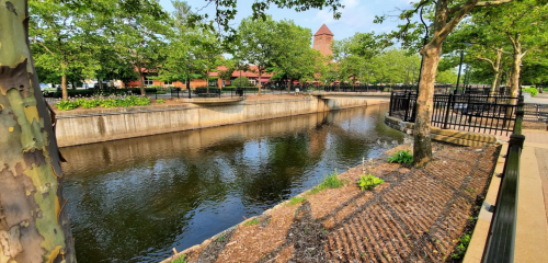 A serene river flows beside a park, surrounded by trees and a pathway, with a building visible in the background.
