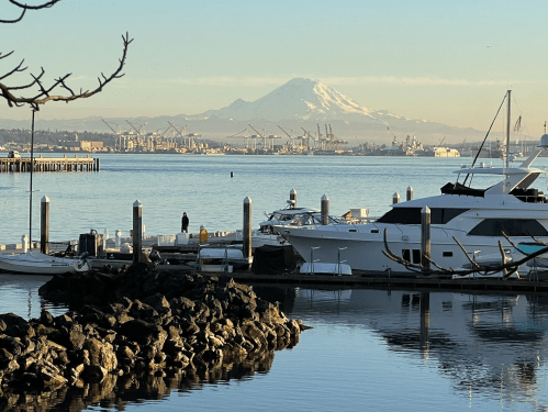 A serene waterfront scene with boats, rocky shore, and a snow-capped mountain in the background under a clear sky.