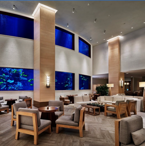 Modern lounge with wooden furniture, large aquariums, and soft lighting, creating a serene atmosphere.