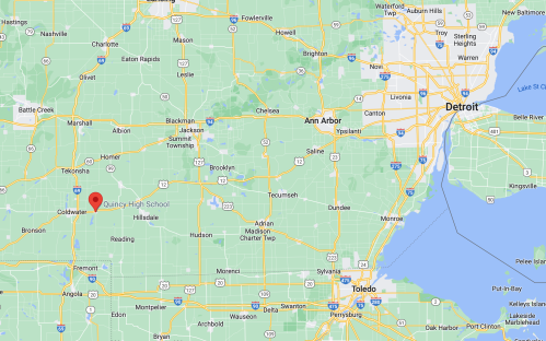 Map showing the location of Quincy High School in Michigan, near Detroit and Ann Arbor.