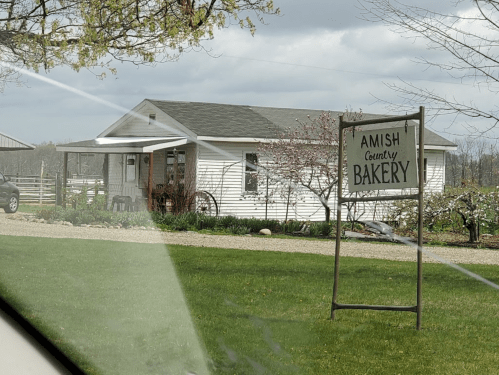 A quaint white building with a sign reading "Amish Country Bakery" surrounded by greenery and trees.