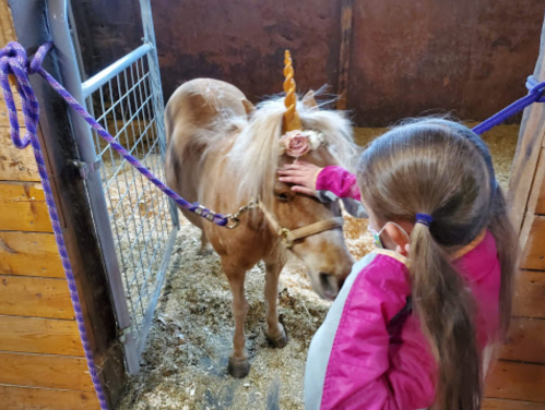 A child gently pets a small unicorn with a golden horn in a stable, surrounded by straw.