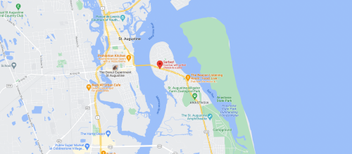 Map showing St. Augustine, Florida, with marked locations and waterways in the surrounding area.