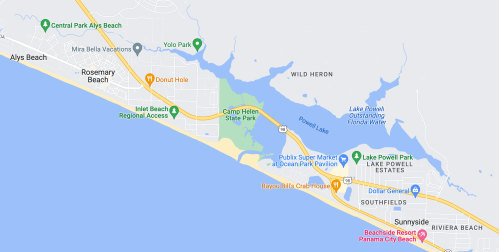 Map showing the coastline near Panama City Beach, highlighting parks, beaches, and local businesses.
