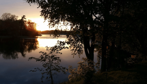 Sunset over a calm lake, with silhouettes of trees framing the scene and warm colors reflecting on the water.
