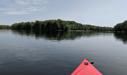 A red kayak on calm water, with lush green trees lining the shore under a clear blue sky.