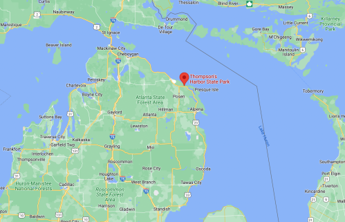 Map showing Thompson's Harbor State Park located on the northeastern coast of Michigan, near Presque Isle Lake.
