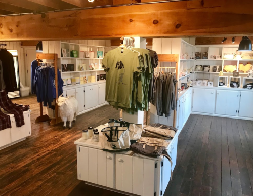 A cozy retail space with wooden beams, displaying clothing and accessories on shelves and tables. A decorative goat is visible.