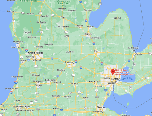 Map of Michigan highlighting Detroit and the Detroit Zoo, with surrounding cities and natural features.